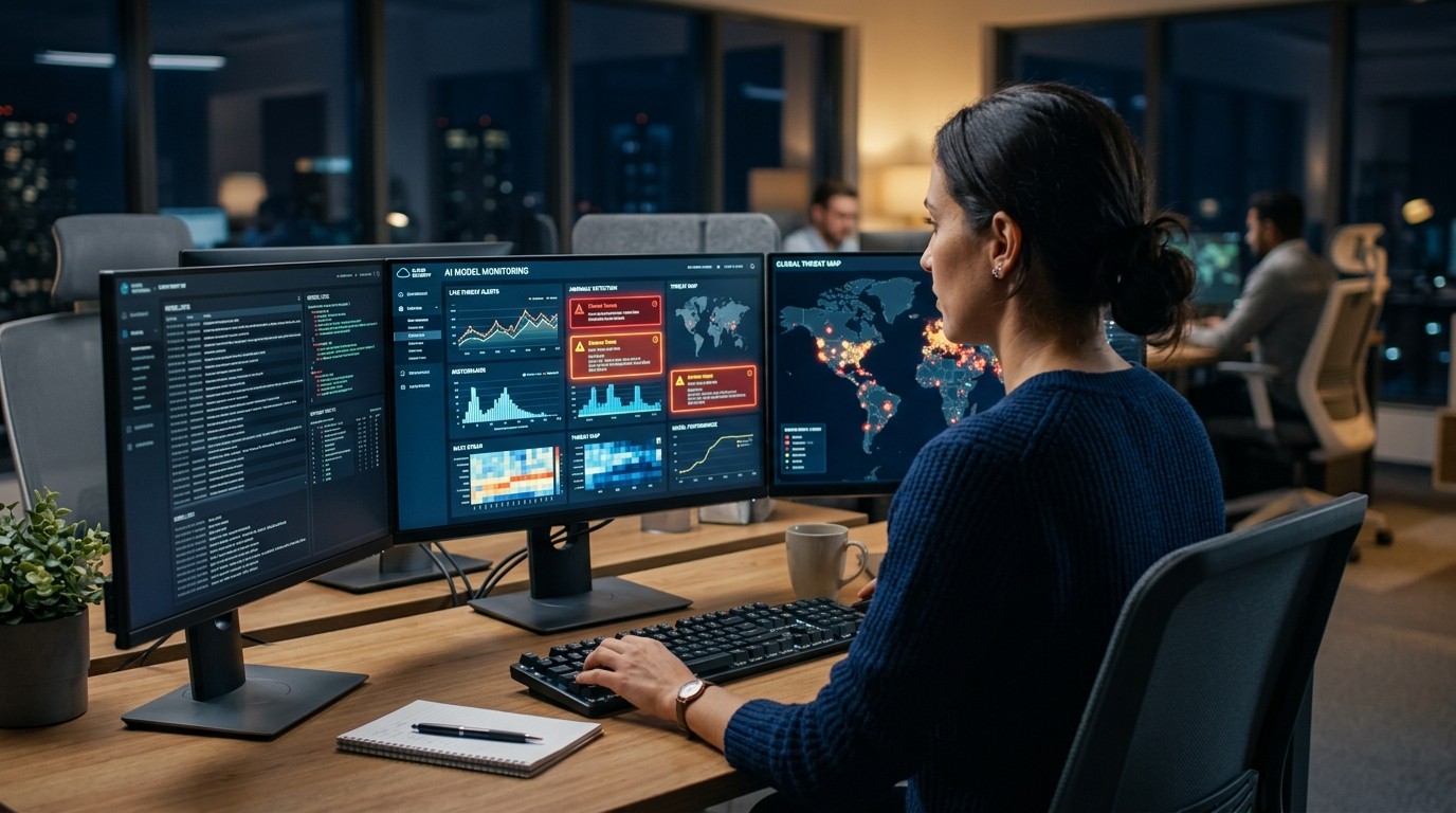 Security engineer monitoring AI agent permissions and prompt injection filters in an enterprise SOC.